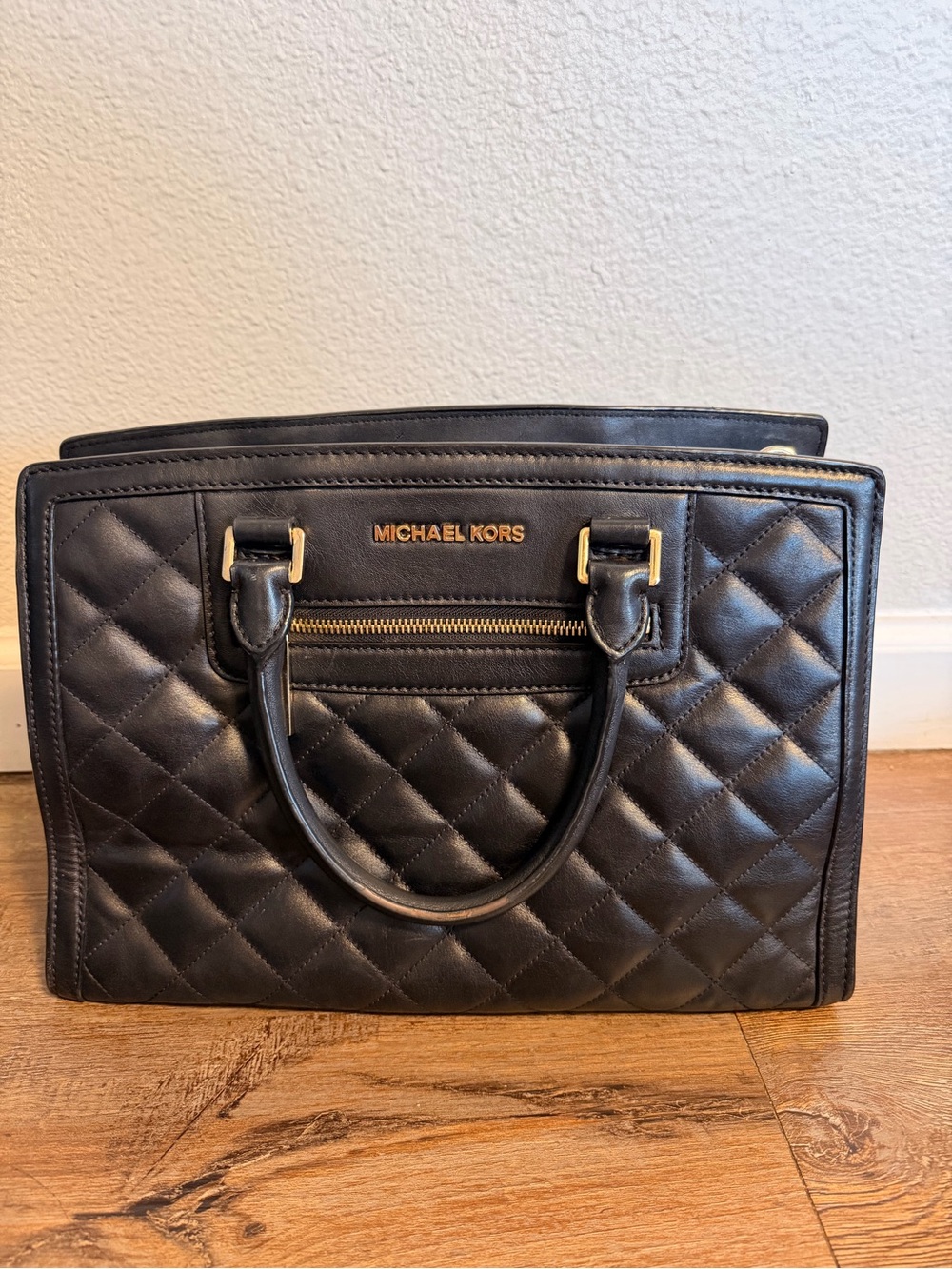 Michael Kors Black Quilted Leather Satchel with Gold-Tone Hardware